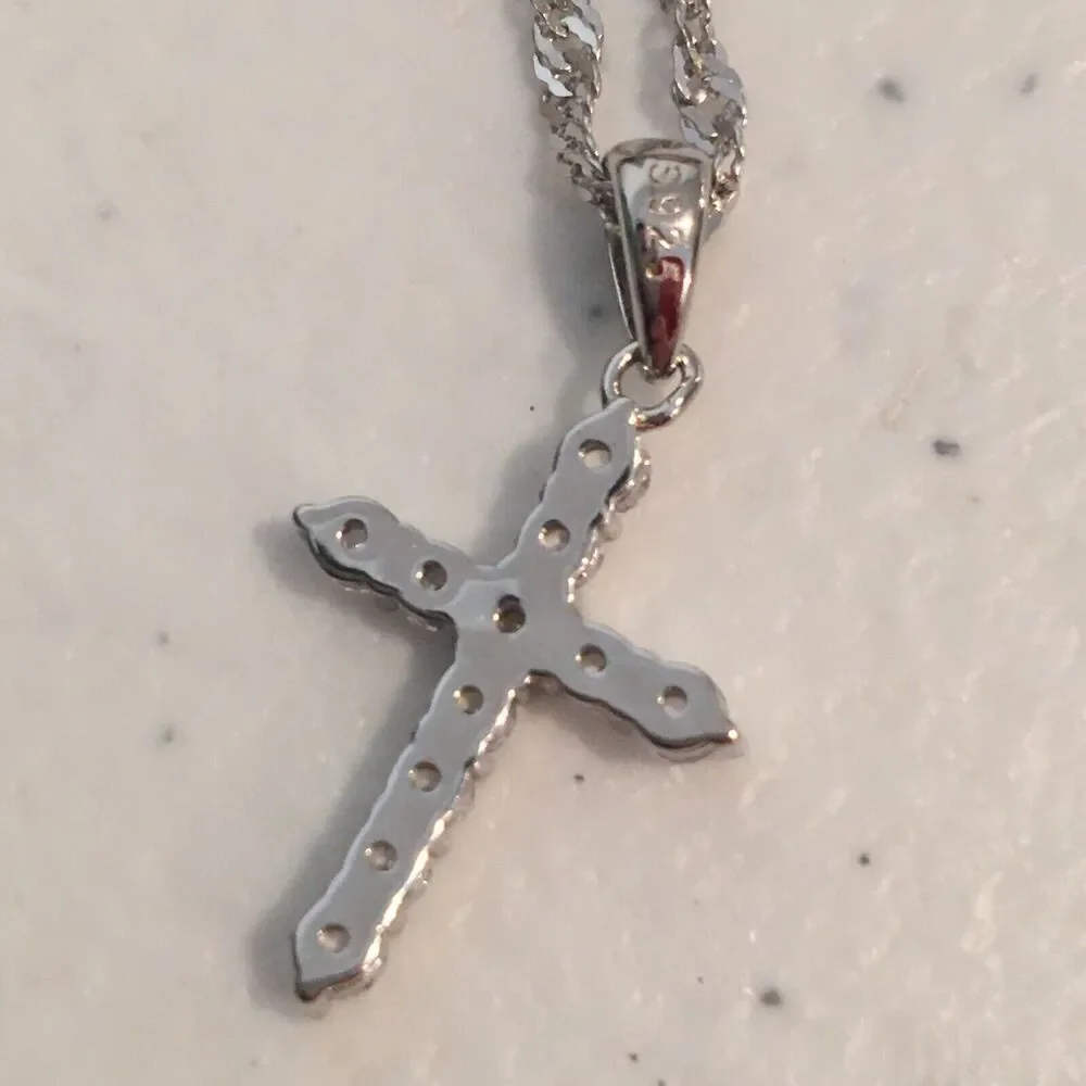 Cross Necklace Sterling Silver Cubic Zirconia Pendant 925 17in Twist Chain
